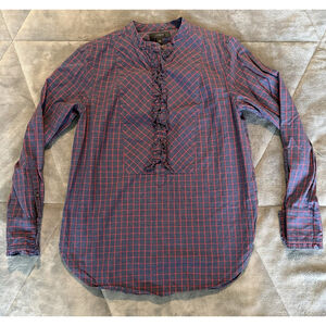 J Crew Ruffle Popover Blouse Top Style F7894 Mini Windowpane 100% Cotton Size 00